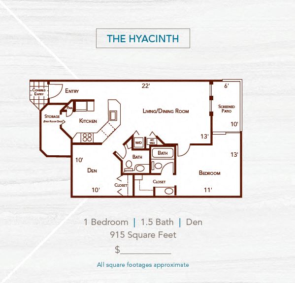Floor plan for 1 bed, 1 bath, 915 sqft